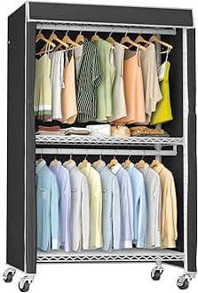 VIPEK V12C Heavy Duty Rolling Garment Rack with Cover Clothing Rack for Hanging Clothes Portable Closets with Adjustable 3 Wire Shelving and Double Rods Wardrobe on Wheels, White Rack with Black Cover