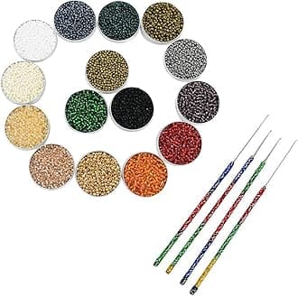 Embroiderymaterial 15 Colors Round Glass Seed Beads Mix with Festive Aari Needle Set (4 pcs) – for Aari Embroidery, Jewelry Making, Maggam Work, Beadwork, DIY Crafts, Home Décor & Festive Decoration