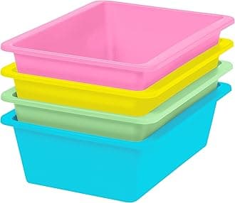 IRIS USA Plastic Storage Bins Containers Large, 4 Pack, Sensory Bin, Craft Storage, Craft Organizers and Storage, Organizing Container for Home, Office and School Supplies, Stackable, Pastel