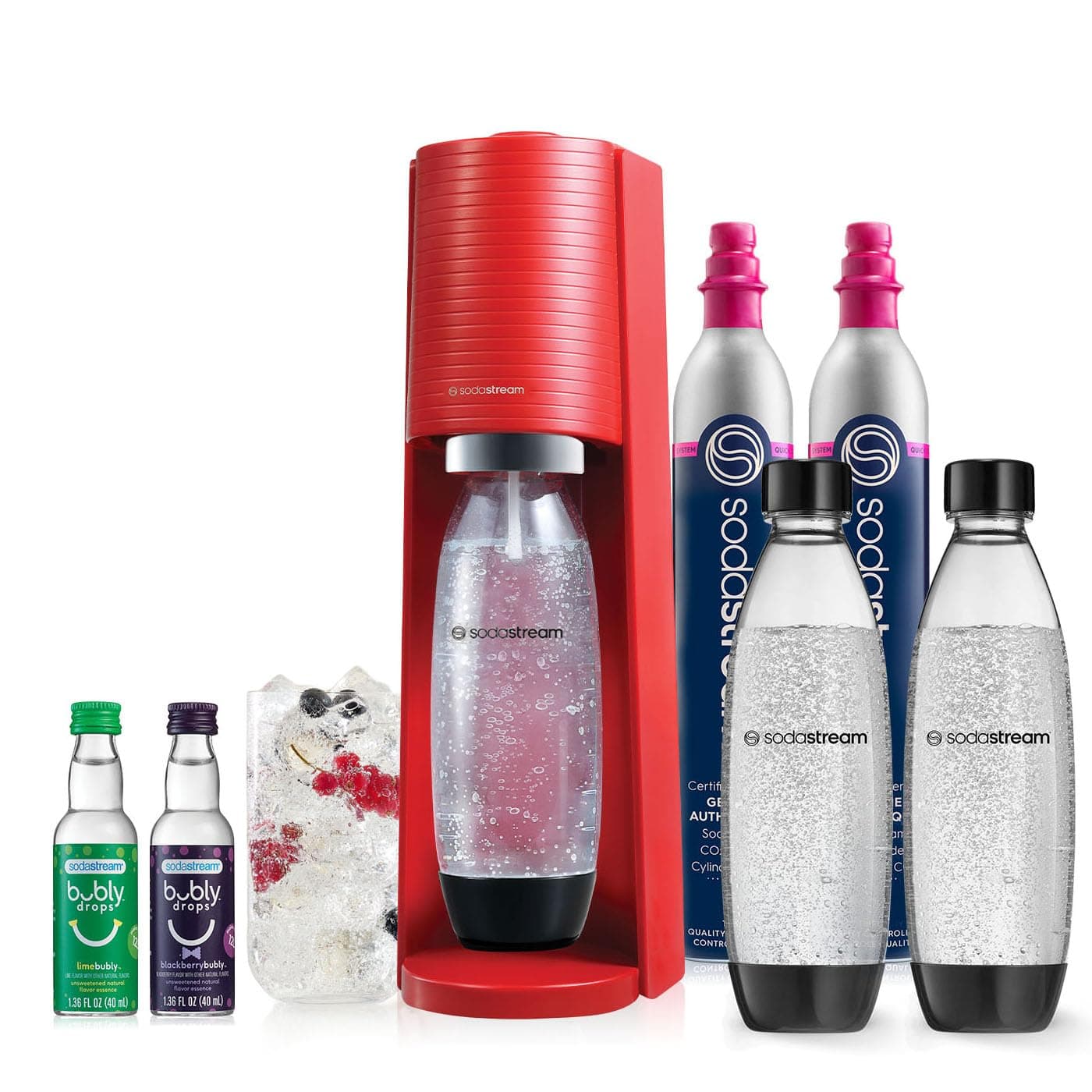 Terra Sparkling Water Maker Bundle (Red), with CO2, DWS Bottles, and Bubly Drops Flavors