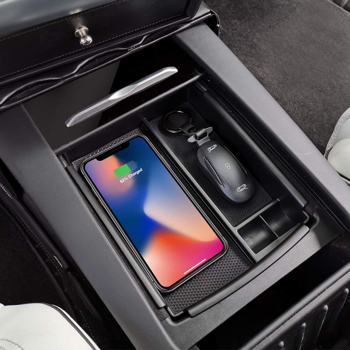 TeslaOwner Center Console Armrest Storage Box with Wireless Charging for Tesla Model S and Model X Wireless Charger Fit for iPhone X iPhone 8 iPhone 8 Plus, Samsung Galaxy Note 8 S8 Plus S8 S7