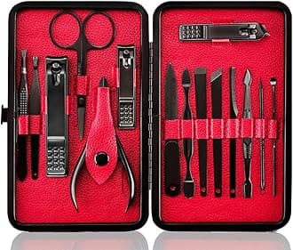 Professional Stainless Steel Nail Clipper Travel & Grooming Kit Nail Tools Manicure & Pedicure Set of 15pcs with Luxurious Case(Black/Red)