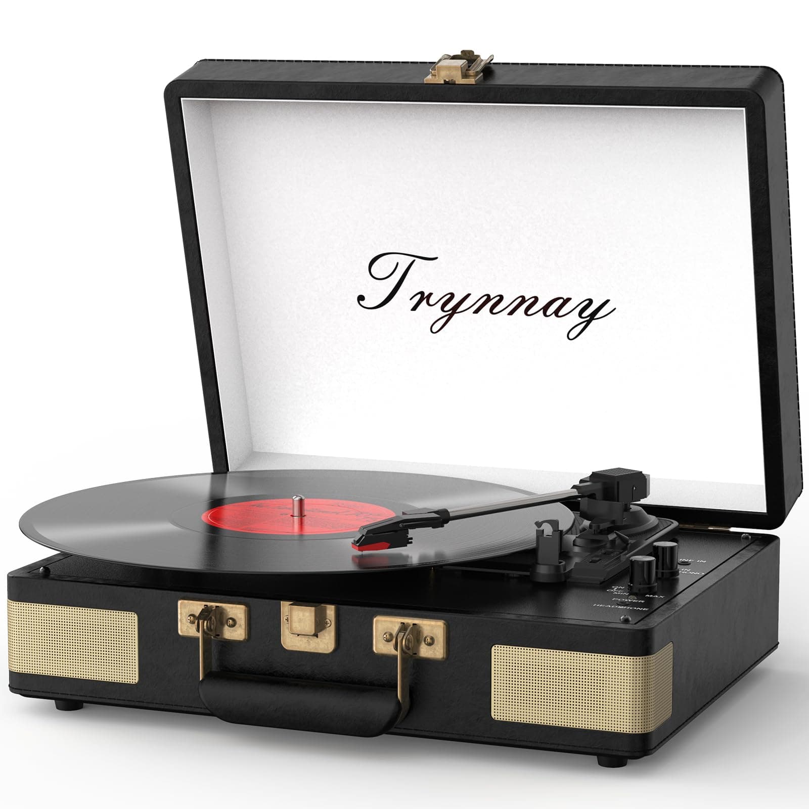 – Trynnay Record Player 3 Speed Bluetooth Portable Suitcase Vinyl Player with Built-in Speakers Turntable Enhanced Audio Sound Waxed Leather Vintage Black