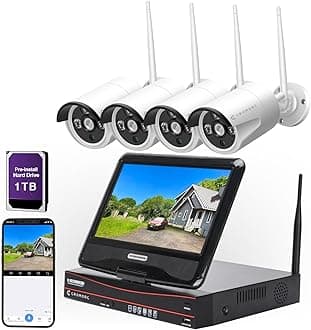 All in one with Monitor Wireless Security Camera System Home WiFi CCTV 4CH 1080P NVR Kit 4pcs 960P Indoor Outdoor Bullet IP Camera P2P IR Night Vision Weatherproof Plug and Play with 1TB Hard Drive