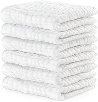 Comfy Cubs Muslin Baby Washcloths 6 Pack - Soft 6-Layer Cotton Wash Cloths for Sensitive Skin - 10"x10" Large, Gentle, Absorbent Infant Essentials for Newborn and Toddlers - White