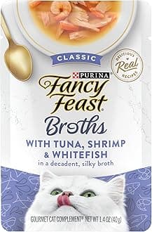 Purina Fancy Feast Broths Wet Cat Food Broth Complement, Classic With Tuna, Shrimp and Whitefish - (16) 1.4 oz. Pouches