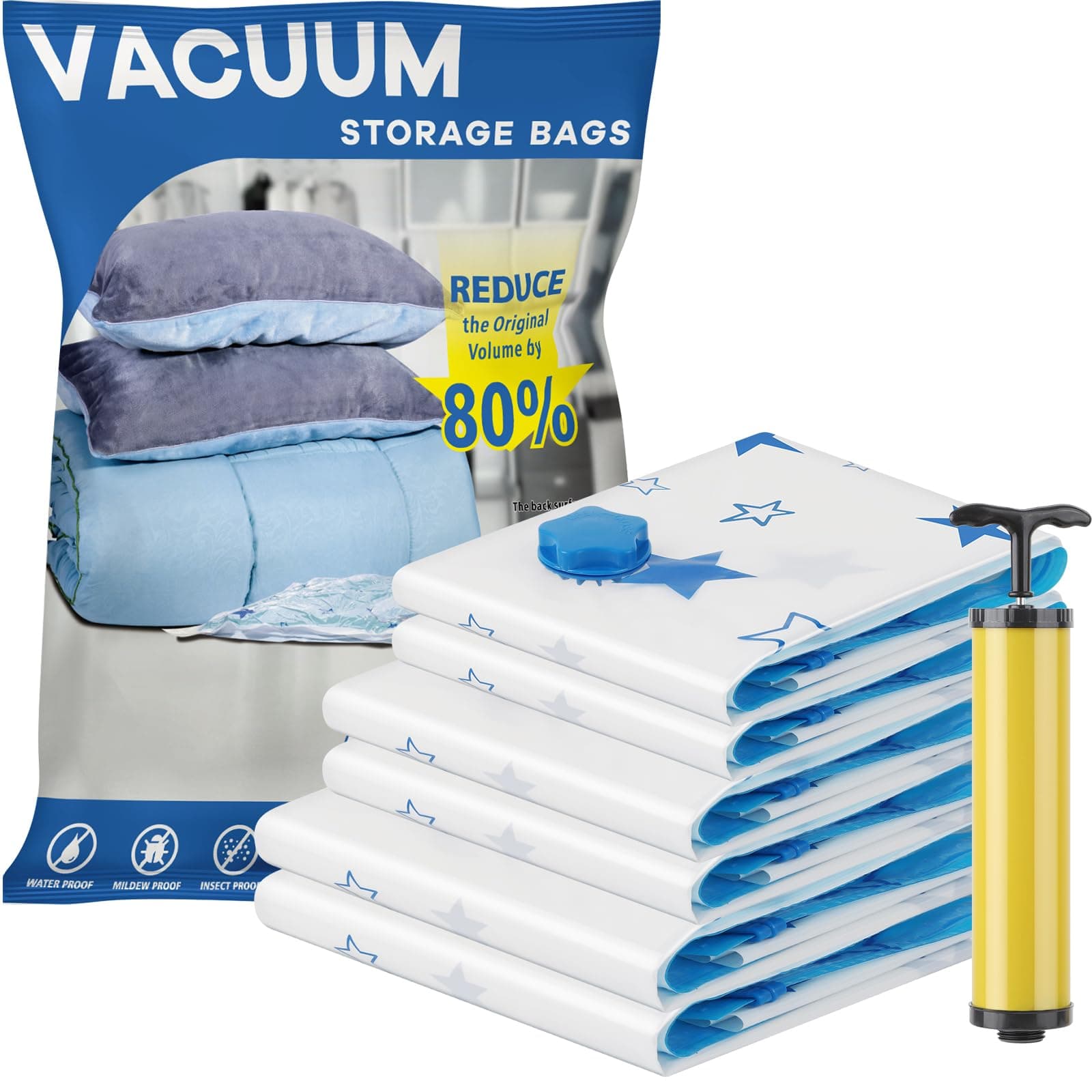 Vacuum Storage Bags, 6 Combo (2 Jumbo, 2 Large, 2 Medium) Reusable Space Saver Bags Vacuum Compression Zipper Storage Bags with Airtight Valve and Hand Pump,Work with Vacuum Cleaner