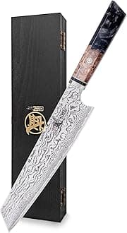Japanese Chef Knife, 8 inch Professional Hand Forged Cooking Knife, AUS-10 Premium Damascus Steel Kitchen Sashimi Knife (Shadowwood Pomegranate Handle & Sandalwood Box)