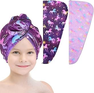 Basumee Microfiber Hair Towel Wrap for Kids 2 Pack Rapid Drying Hair Towel with Button Hair Turbans for Wet Hair Wraps Head Towel Wrap for Women and Girls, Dark Unicorn