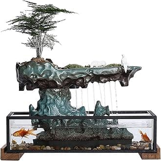 Tabletop Water Fountain with Aquarium and Rockery, Indoor Water Fountain with Power Cord and Pump for Home Office Decor, 16.9" L X 8" W X 8.1" H