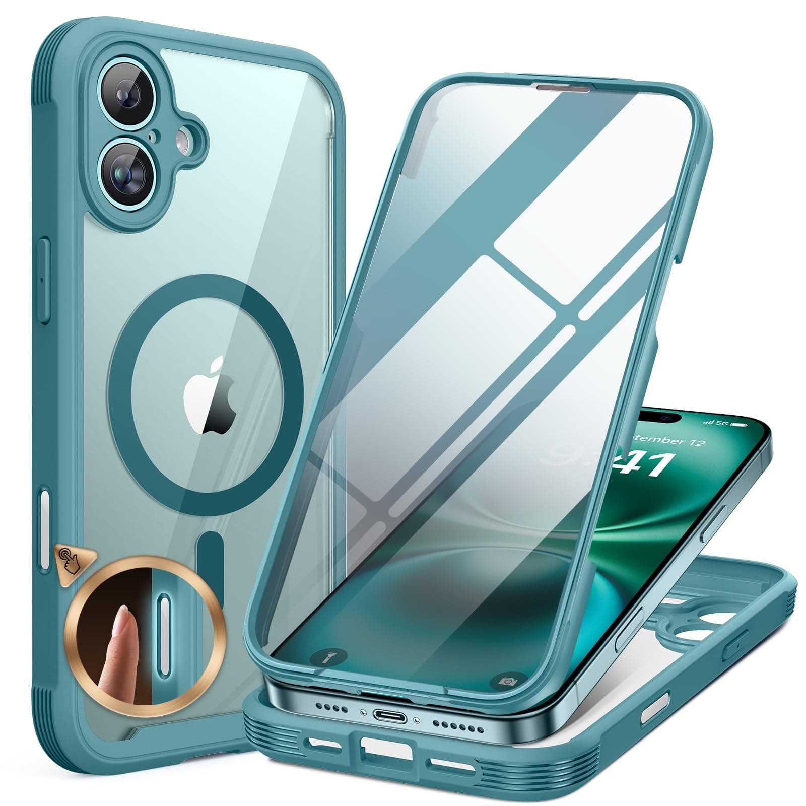 Miracase Magnetic Case for iPhone 16 Plus Case 6.7", [Upgraded Camera Control Cover],[Bubble Free] Built-in Tempered Glass Screen Protector, Full Body Bumper Case Compatible with Magsafe (Teal)