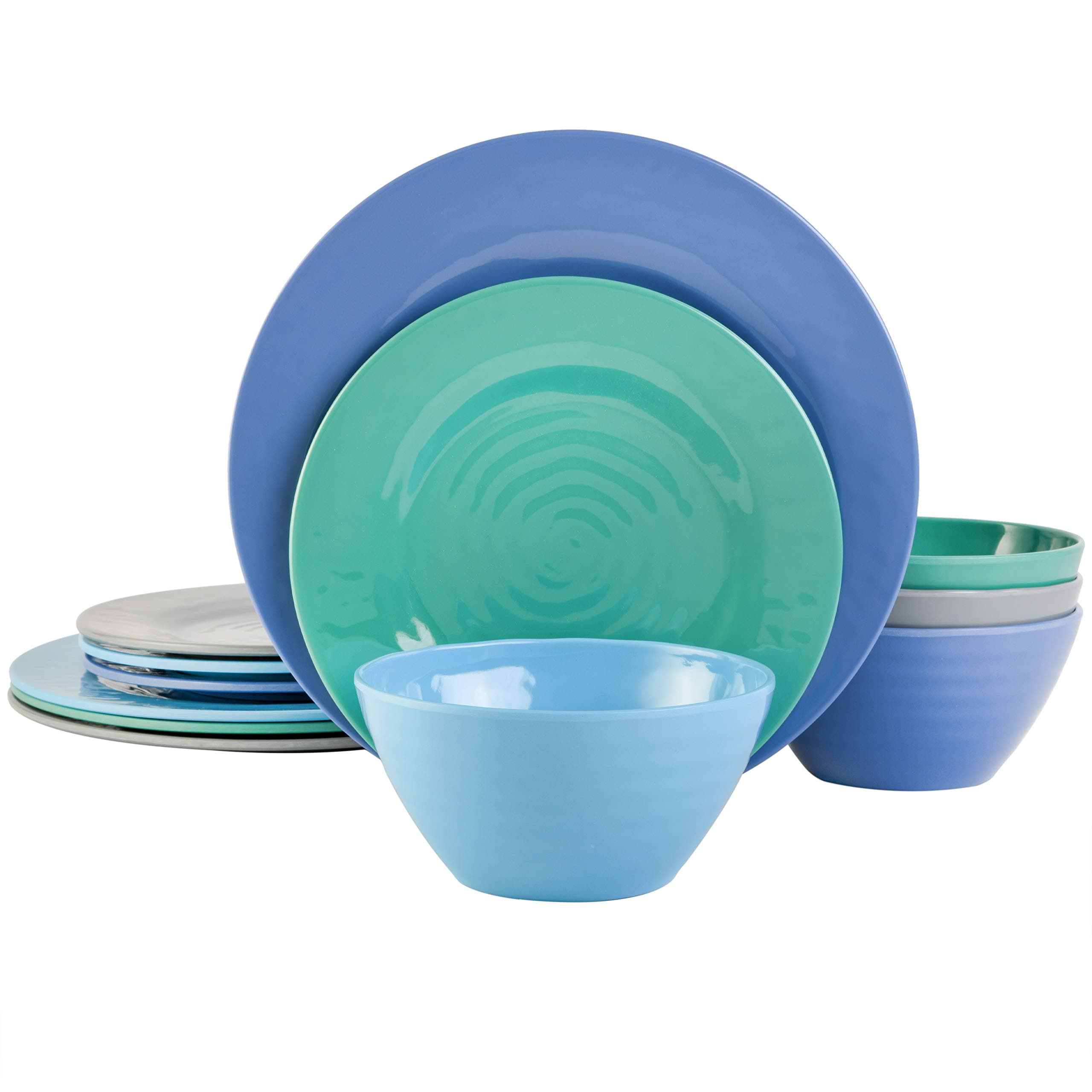 Gibson Home Brist Melamine Plastic Dinnerware Set, Service for Four (12pcs), Blue