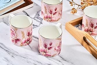 GOLDEN QUEEN'S Handcrafted Tea Cups - Set of 6 | Ideal for Everyday Tea and Coffee, Enhancing Your Daily Rituals - Pink Blossom