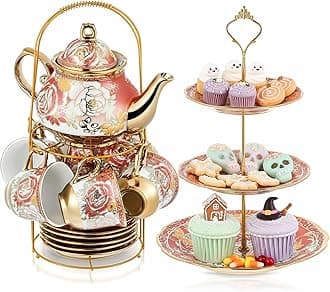 Maxcheck 21 Pcs Porcelain Tea Set for Women Tea Party with Metal Holder and 3 Tier Cake Stand Ceramic European Floral Teapot Set for Adults Mother's Day Christmas Thoughtful Gift(Romantic Style)