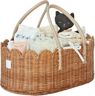 Bebe Bask Baby Diaper Caddy Organizer - Artisan-Crafted Scalloped Rattan Basket Luxurious Elegant (Mocca)