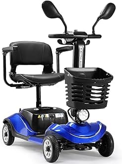 Compact 4 Wheel Mobility Scooter with Display, Foldable Electric Scooter for Seniors and Adults, Heavy Duty Travel Model with Lights, Basket, and Long-Lasting Extended Battery (Blue)