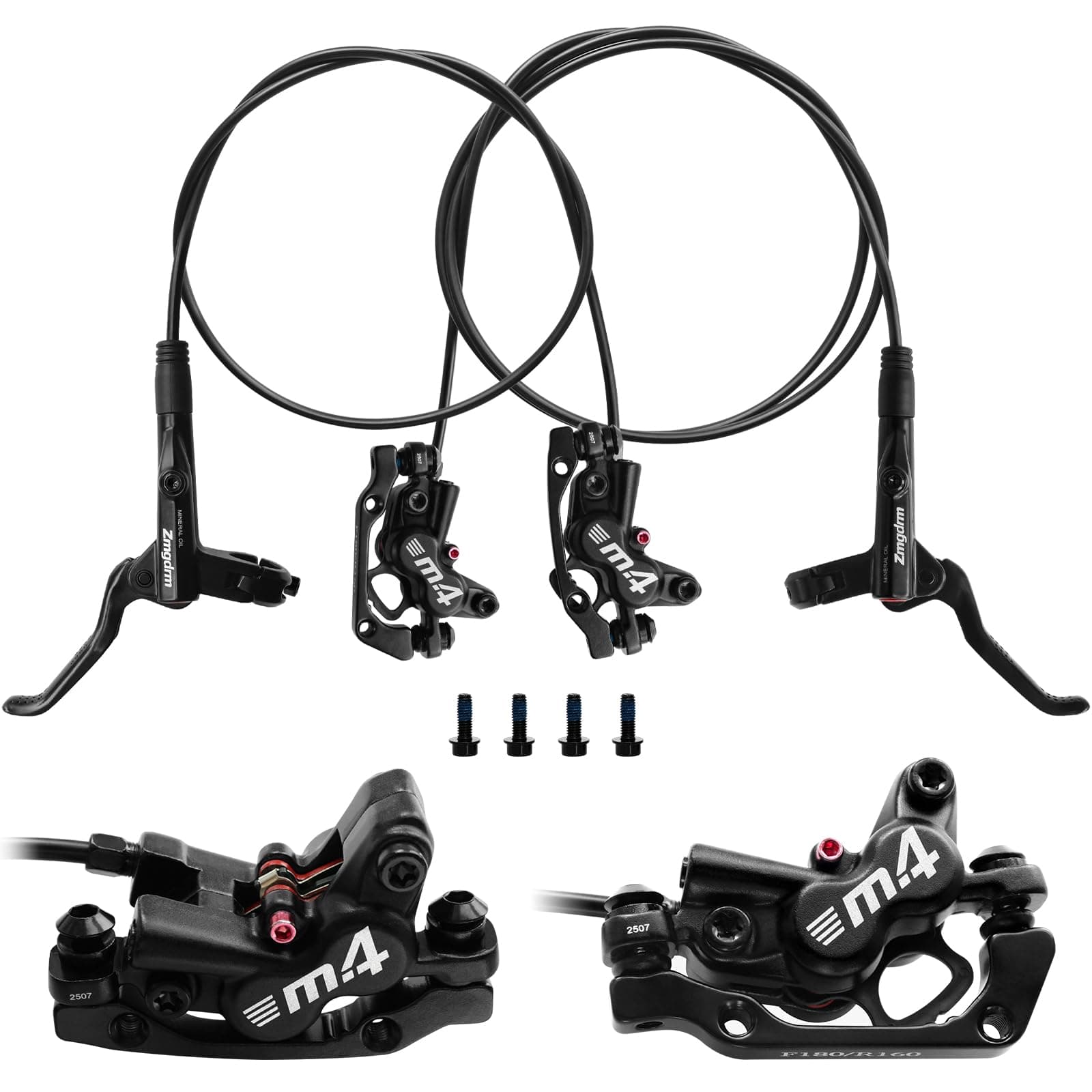 ZTZ 4-Piston MTB Hydraulic Brake Set, Left Front 850mm and Right Rear 1600mm Hydraulic Disc Brake Kit with PM/is Adapter, Fits for eBike, Mountain Bike and BMX