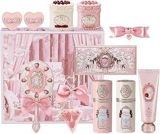 Flower Knows Cake Charm Set,Strawberry Cupid 12-Piece Makeup Gift Box Set,Lip Cream+Liquid Blush+Makeup Palette+Hand Mirror+Solid Perfume+Hair Clip+Cushion Powder Puff+Eyeshadow Brush+Gift Box
