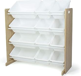 Kids Toy Storage Organizer with 12 Plastic Bins, Natural Wood/White – Removable Bins for Playroom, Bedroom, Toddler Furniture for Boys and Girls Ages
