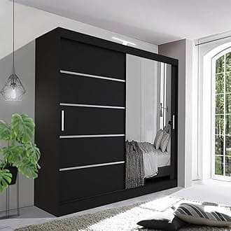 Contemporary Bedroom Sliding Wardrobe with LED Light - Spacious and Stylish Design comes in White/Grey/Black/Oak and Width 120cm/150cm/180cm/203cm/250cm (Black, 150cm)