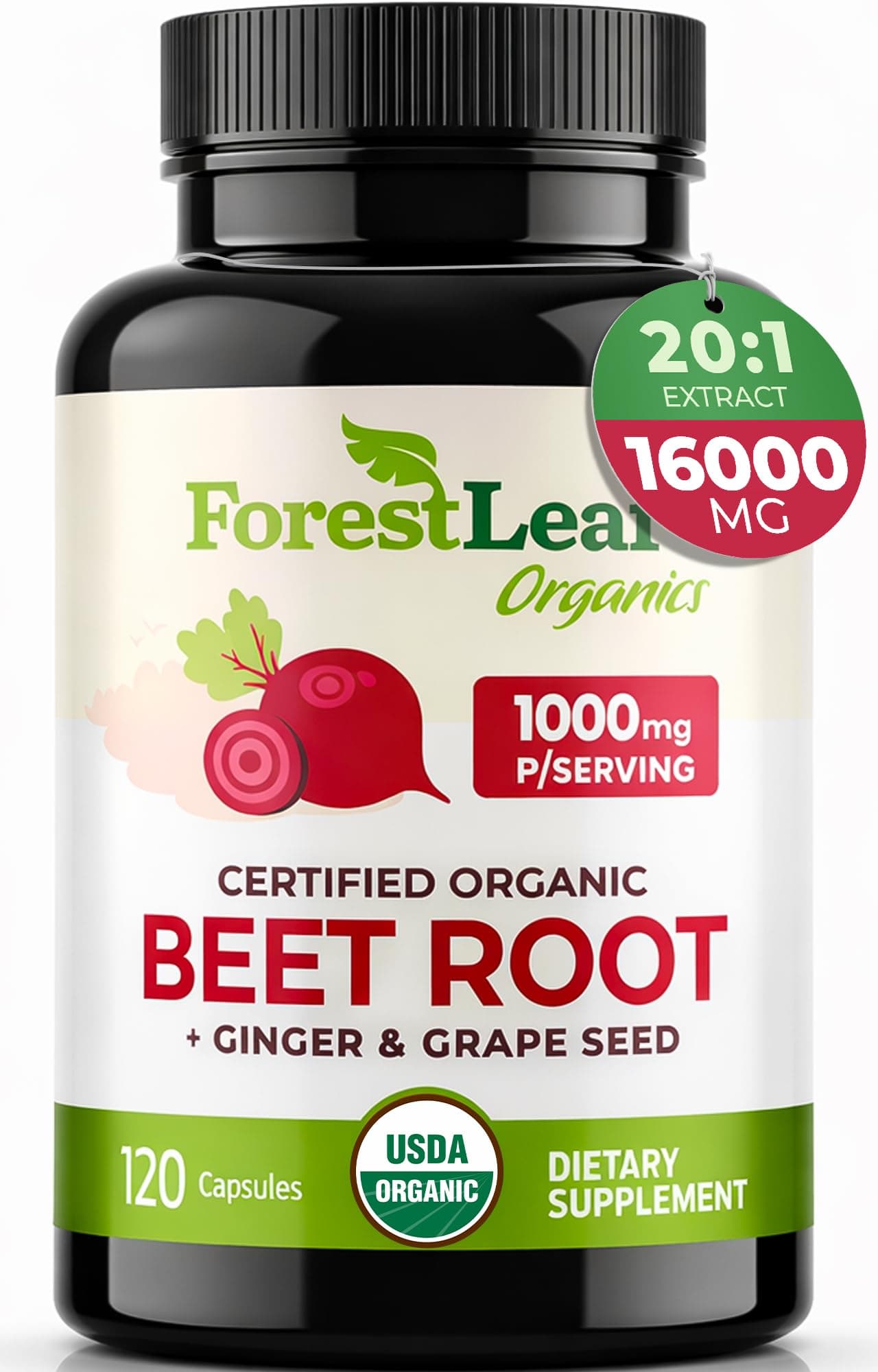 Beet Root Capsules, 1000mg, 20:1 Extract, with Ginger, Grape Seed, Supports Blood Flow, Energy (120 Count (Pack of 1))