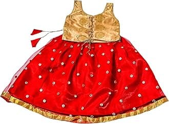 TRADITION INDIA Gold Brocade & Red Net Sleeveless Lehenga Choli Set, Designer Pattu Pavadai, Kids Ethnic Wear