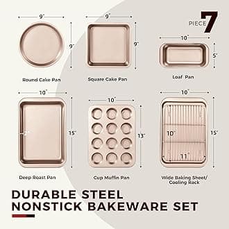 KITESSENSU Baking Pans Sets, Nonstick Bakeware Set 7-Piece with Round/Square Cake Pan, Loaf Pan, Muffin Pan, Cookie Sheet, Roast Pan, Cooling Rack & Silicone Oven Mitts, Carbon Steel Bake Set,Gold