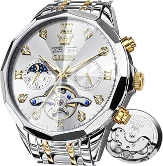 - Automatic Watch for Men Luxury Diamond Self Winding Multifunctional Men's Calendar Watch Stainless Steel Waterproof Luminous Male Watches