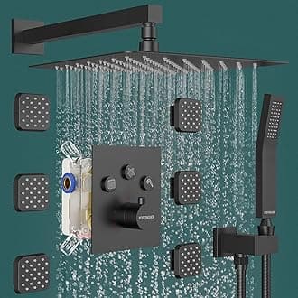 Shower System with Body Jets, Bostingner 12" Rain Shower Head with Handheld Spray and 6 Body Jets,Can Run Together,3 Way Thermostatic Valve and Trim Kit Shower Faucet Sets, Matte Black