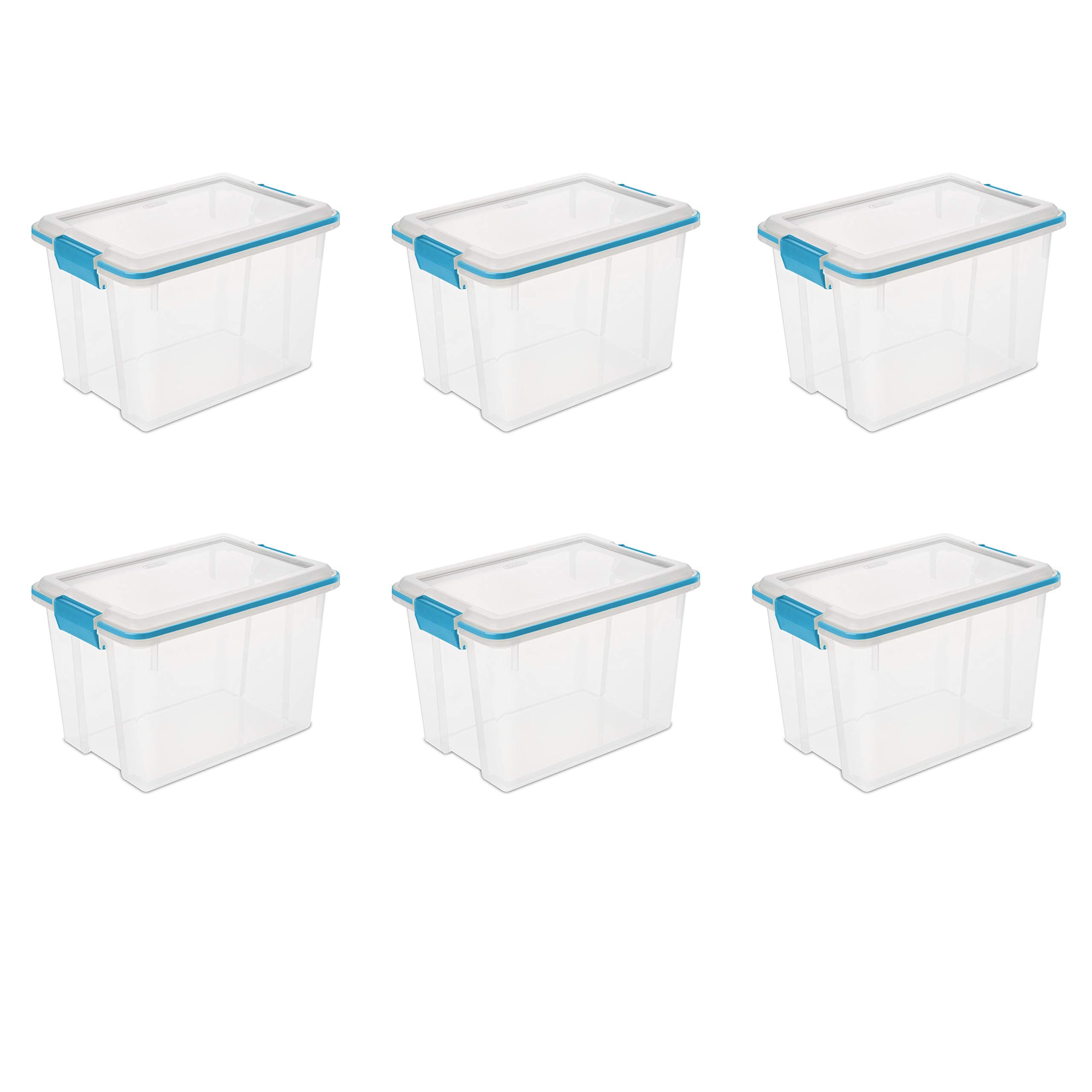 Sterilite 20 Qt Gasket Box, Stackable Storage Bin with Latching Lid and Tight Seal, Plastic Container to Organize Basement, Clear Base and Lid, 6-Pack
