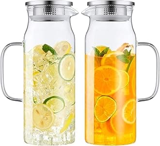 Bivvclaz 2 Pack 1.6 Liter 54 oz Glass Pitcher with Lid and Handle, Glass Carafe Water Pitcher for Hot/Cold Water, Iced Tea, Drinks, Coffee, Juice and Homemade Beverage