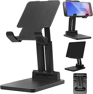 Cell Phone Stand, Adjustable/Foldable Desktop Phone Holder, Double Tube Sturdy Folding Bracket Compatible with Phone 15 14 13 12 11, 4-15 Inches All Phones/Tablets (Black Plus)