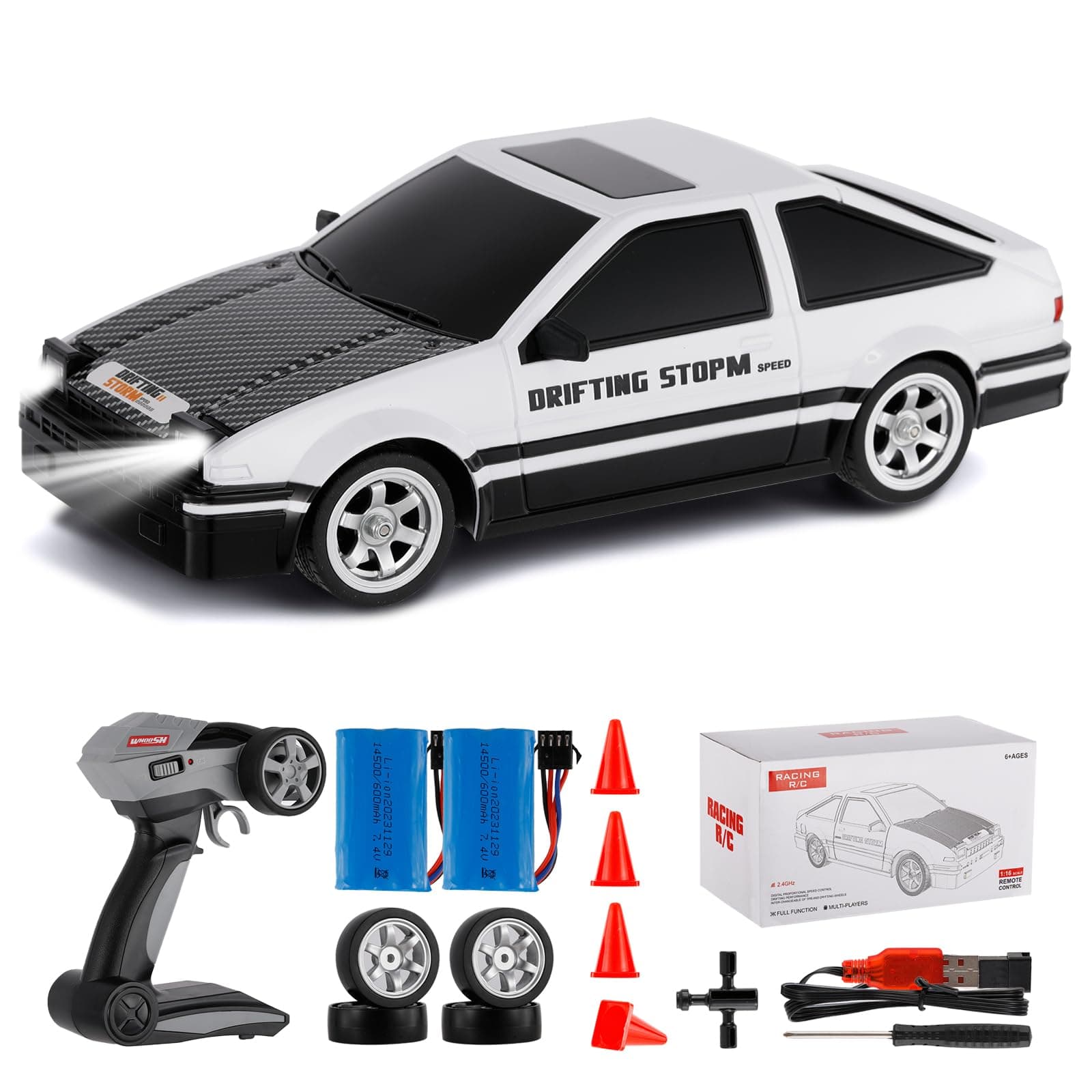 GoolRC RC Drift Car, 1:16 Scale Remote Control Car, 4WD RC Cars, 30KM/H High Speed RC Racing Cars with LED Lights, Drifting Tire and 2 Batteries for Adults (White)