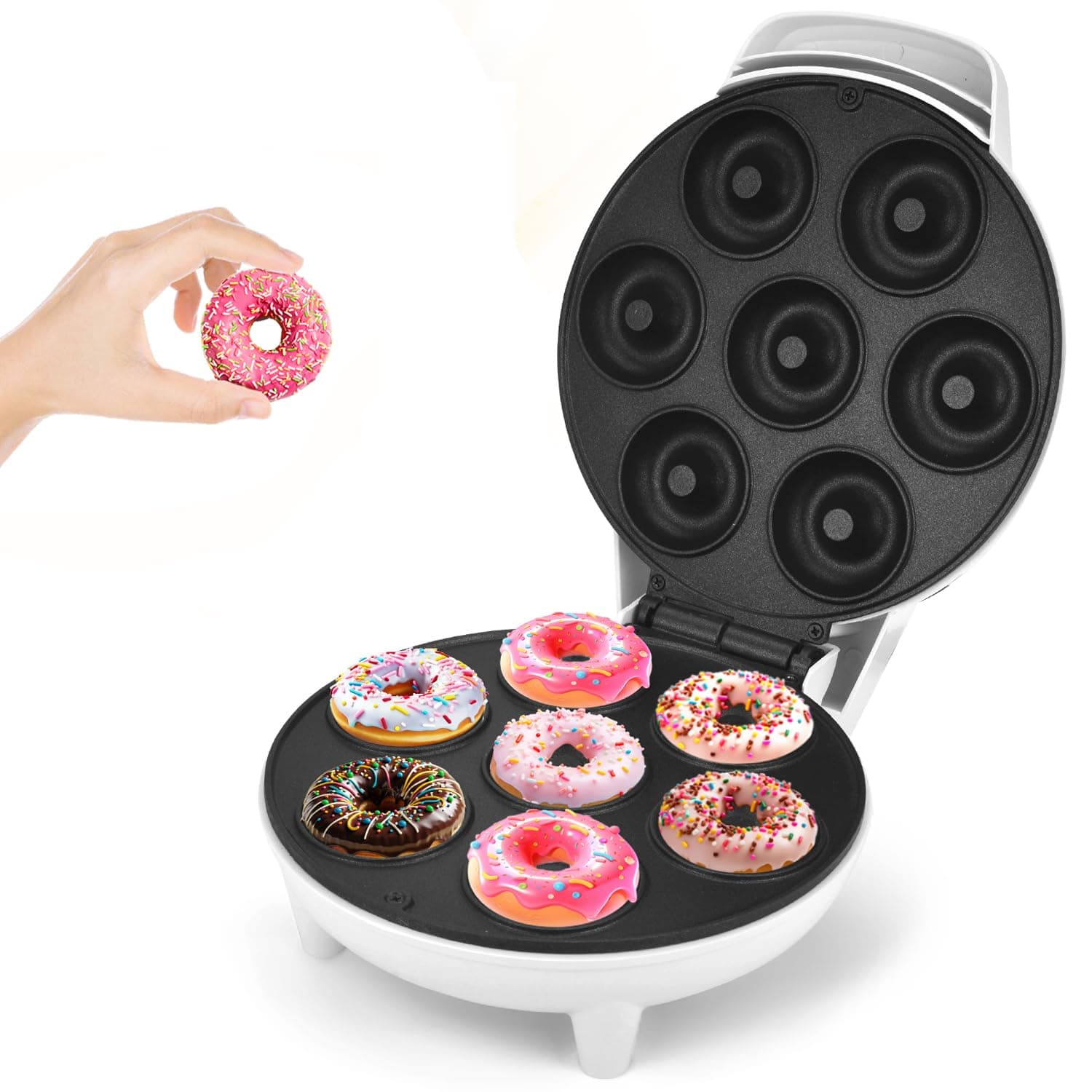 DSP Mini Donut Maker - Non-Stick, Cool Touch Electric Doughnut Machine for Mini Donuts - Perfect for Breakfast, Snacks & Desserts (White, 7 Donuts)