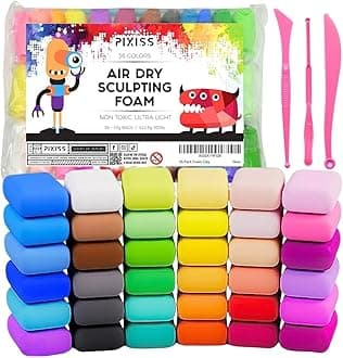 Pixiss 36 Color Air Dry Foam Clay for Sculpting and Cosplay Set - Ultralight, Soft, and Pliable Air Dry Modeling Clay Clay Foam - Safe and No Baking Required