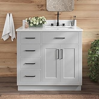 ARIEL Hepburn 36-inch Bathroom Vanity with Sink,Solid Wood, 0.75-inch Italian Carrara Marble Countertop, Single Rectangular Porcelain Sink, 2 Soft Closing Doors, 5 Dovetail Drawers, Grey