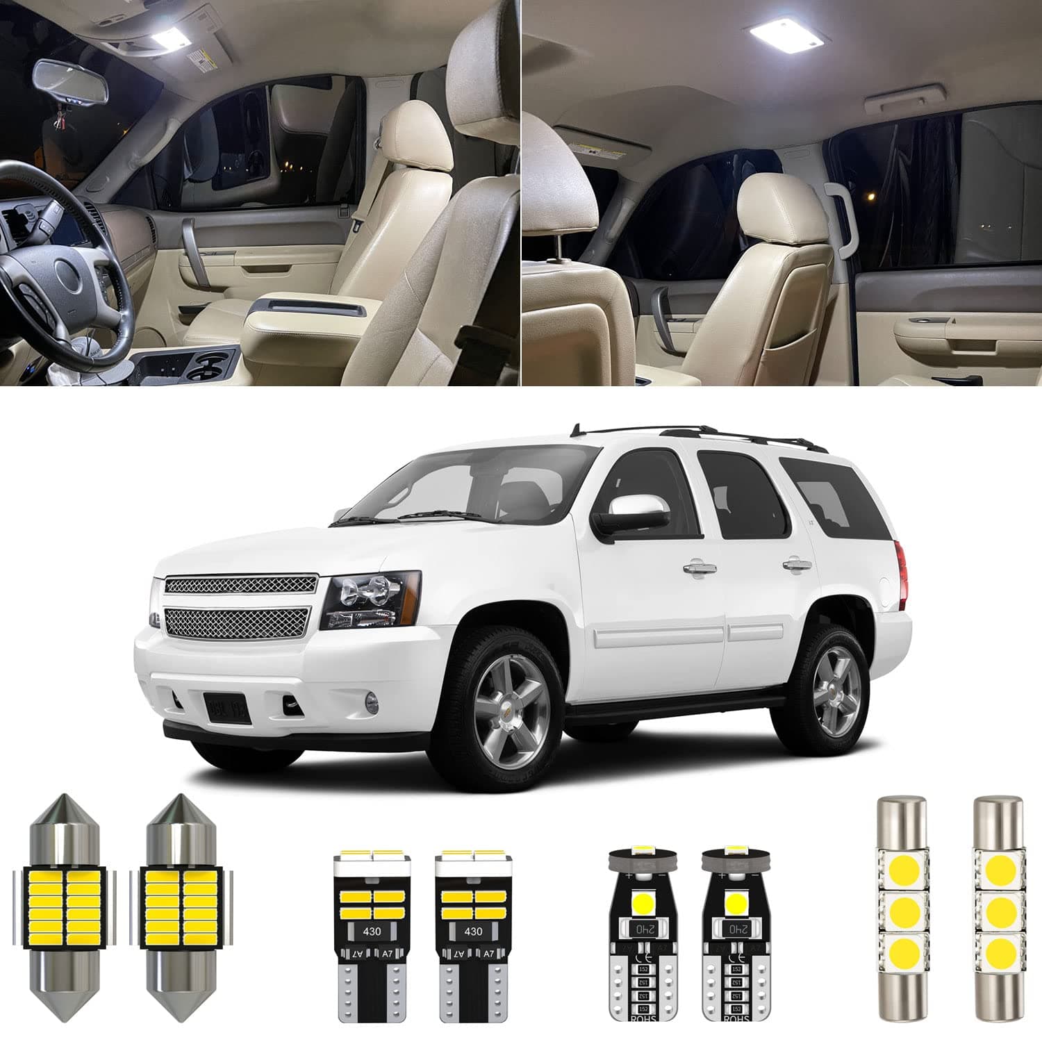 15 Piece 6000K White LED Interior Light Kit Package Replacement for Chevy Chevrolet Tahoe/Suburban, GMC Yukon 2007 2008 2009 2010 2011 2012 2013 2014, with Placement Diagram and Install Tool