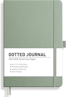RETTACY Dotted Journal Notebook, 192 Pages, A5 Medium Size (5.7'' x 8.3''), Leather Hardcover, 100 GSM Thick Paper, for Journaling, Planning, Tracking (Sage Green)