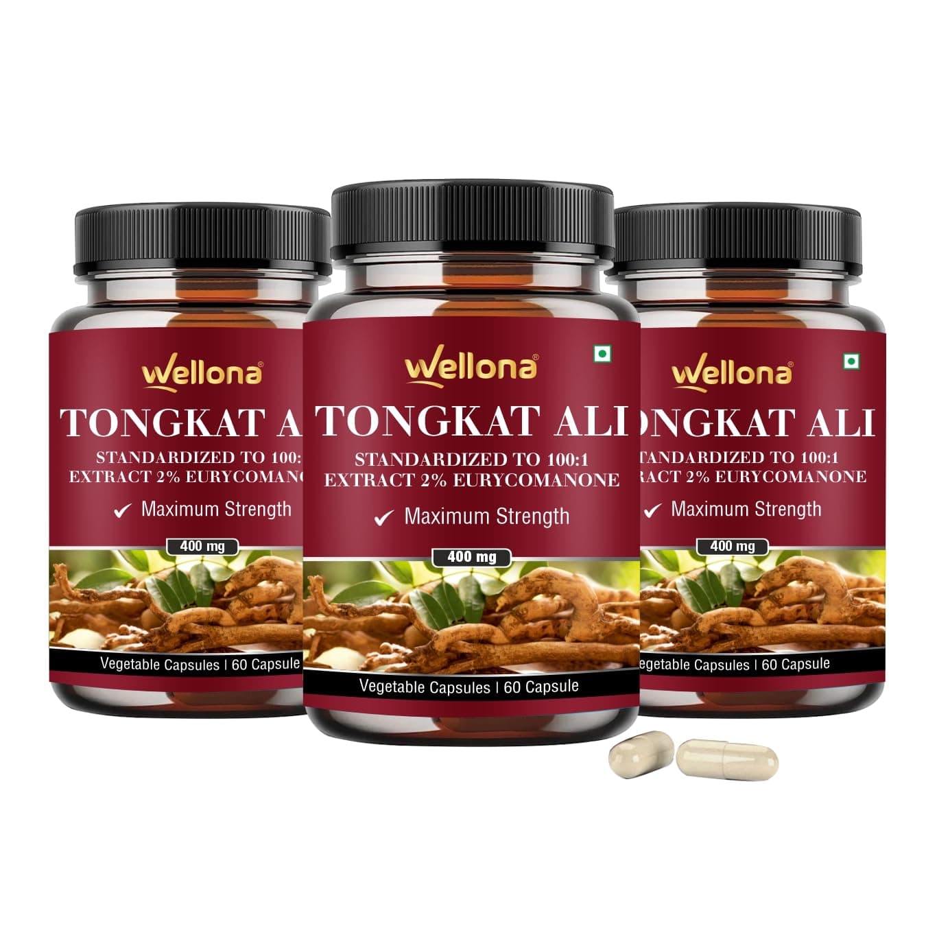 Tongkat Ali Supplement Root Extract 400mg Capsules, 2% Eurycomanone Herbal Supplement for Men | Standardized to 100:1 | Maximum Strength (60 Veg Capsules) (Pack of 3)