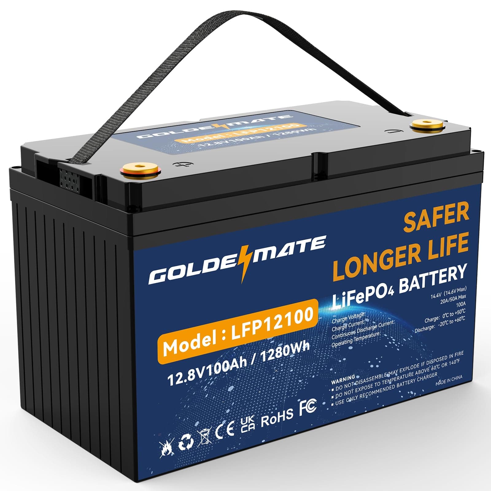 GOLDENMATE 12V 100Ah LiFePO4 Battery, Up to 15000 Deep Cycles Group 31 Lithium Battery, Built-in 100A BMS, Perfect for RV, Solar, Camping, Marine, Trolling Motor and Off-Grid Applications