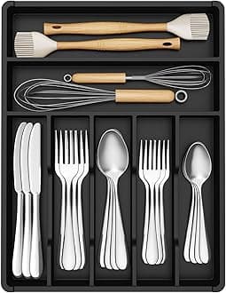 Lifewit Cutlery Drawer Organiser, Plastic Cutlery Tray for Kitchen, Utensil Flatware Silverware Holder Divider for Spoons Forks Knives Tableware, 7 Compartments, 31 x 41cm, Black