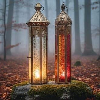 Lantern Set of 2 Ramadan Lanterns Hexa Shape – Gold Metal & Frosted Embossed Glass Fanoos, Arabic Candle Holder Lanterns for Eid, Indoor Table Décor Lanterns