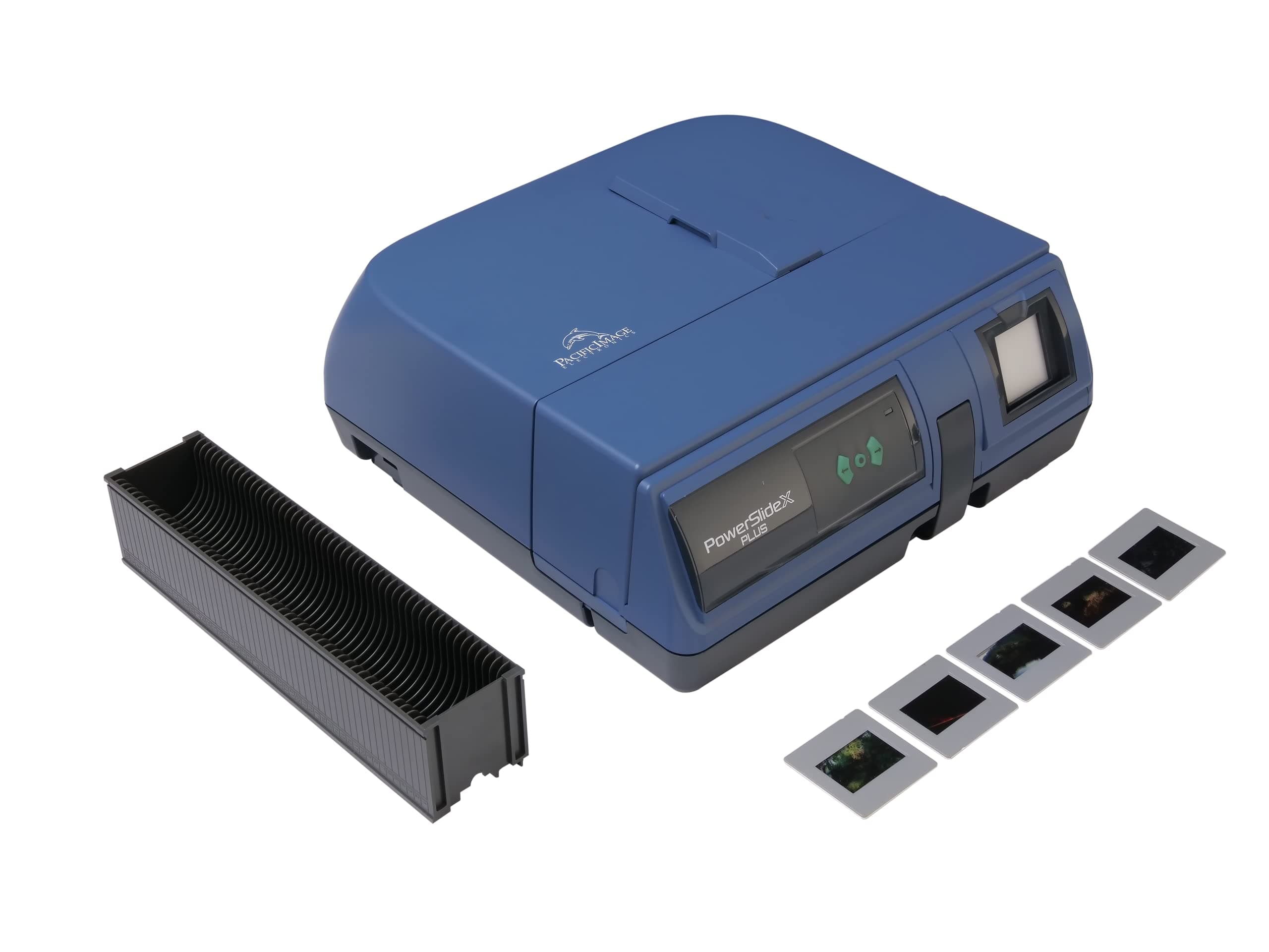 Pacific Image Electronics PowerSlide X Plus 35mm Slide Scanner. Auto Batch Scan Mounted Slides. Maximum 50 Slides/Batch Scan. 10000 dpi/True Color. 4.2 Dynamic Range. Mac/Pc.
