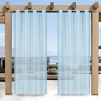 Outdoor Curtain for Patio, Blue Linen Look Semi-Sheer Curtains Waterproof Light Filtering Voile Outside Grommet Drapes for Pergola Balcony Pool Indoor 2 Panels, W52 x L108