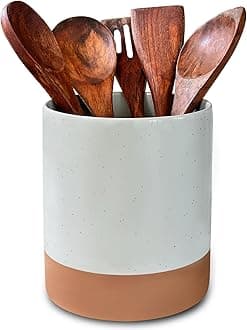 Mora Ceramic Kitchen Utensil Holder - Wooden Spoon & Spatula Crock for Countertop, Modern Farmhouse Home Decor, Extra Large 7.3" Cooking Organizer for Stove Top and Counter - Heavy & Sturdy - Grey