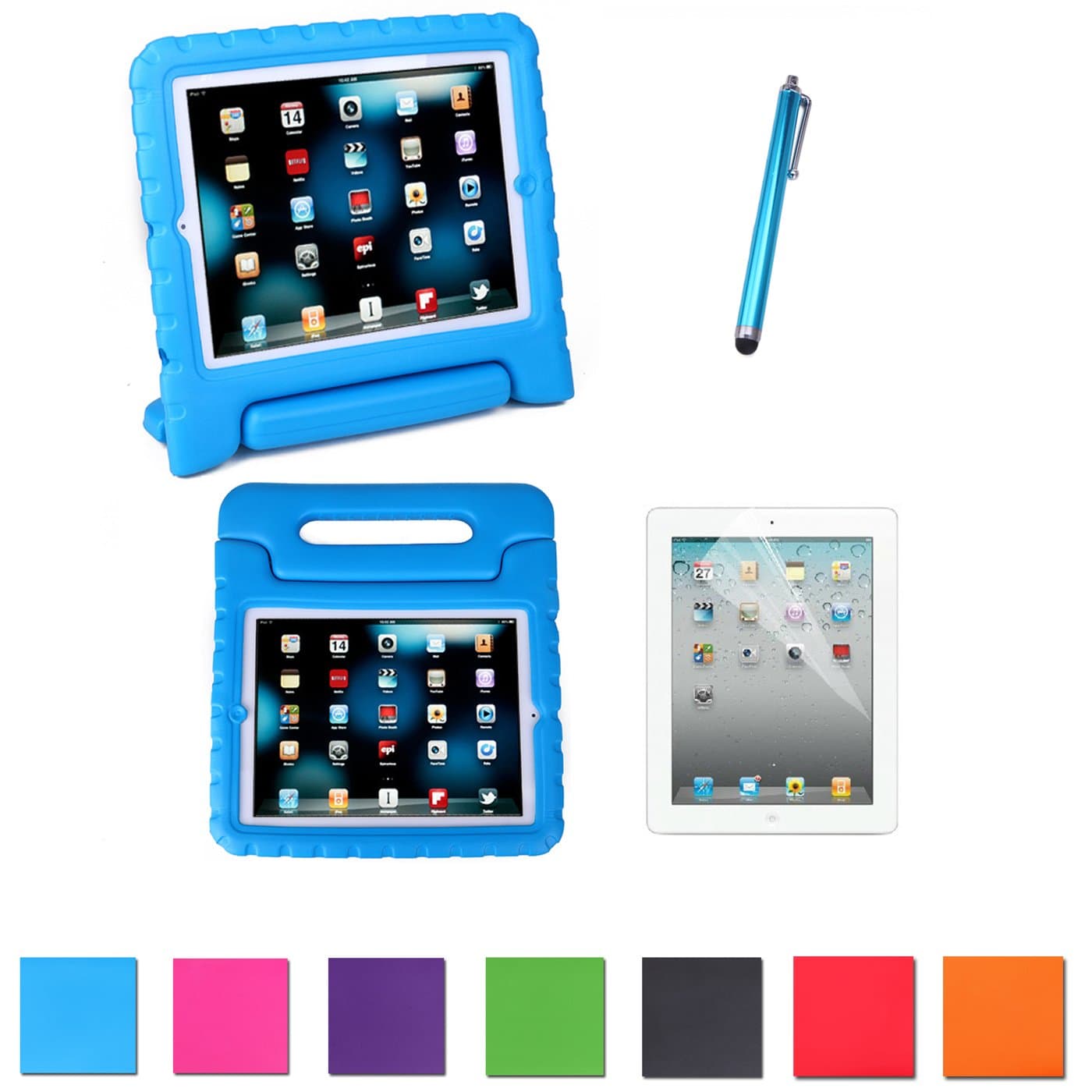 HDE iPad Mini Kids Shockproof Case Bundle Child Proof Safe Protection Cover Handle Stand for Apple iPad Mini 1 / 2 / 3 / Retina with Screen Protector + Matching Stylus (Blue)