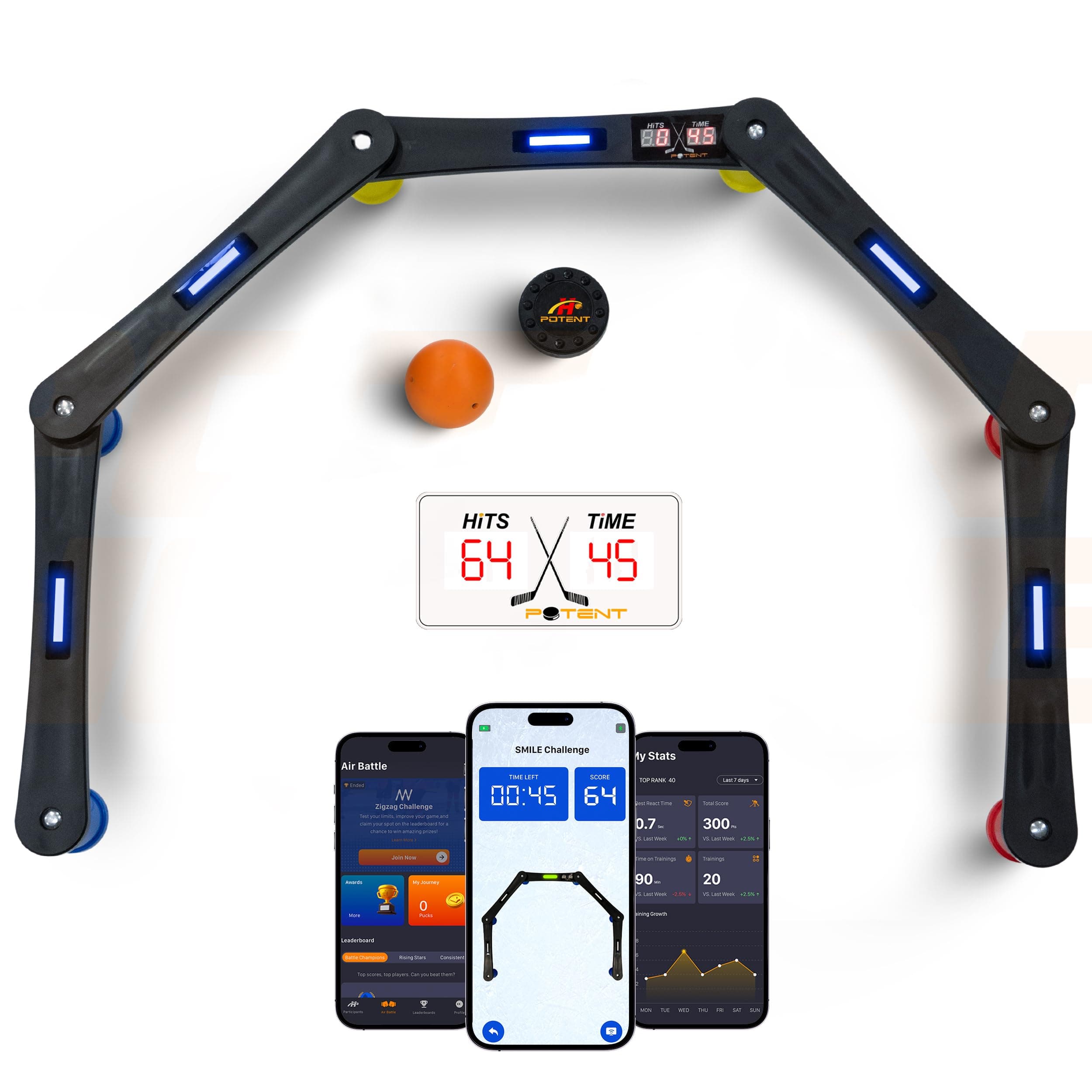 Potent Digital Stickhandling Trainer 2.0 with App-Enabled Training, Built-in Scoreboard & Countdown Timer - Practice Puck Control & Reaction Times, Portable On & Off Ice Hockey Training Aid