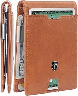 TRAVANDOMens Slim Wallet with Money Clip Austin RFID Blocking Bifold Credit Card Holder for Men with Gift Box, Cognac Smooth Brown, Money Clip