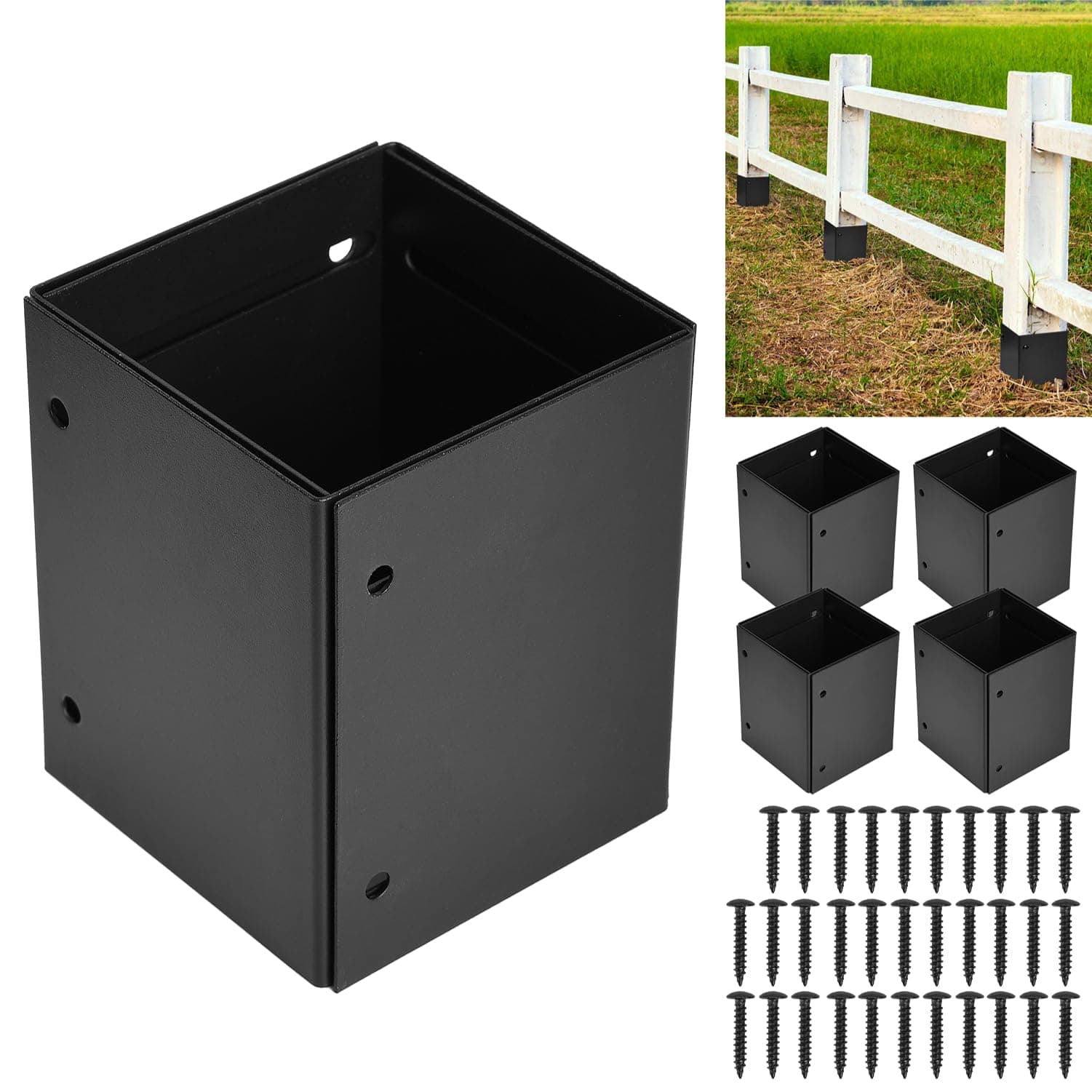 304 Stainless Steel Post Base Protectors Adjustable (Range 3.3-6in), Protects Wooden Mailboxes, Deck and Fences from Lawnmower and Rain Damage (Black - Set 4)