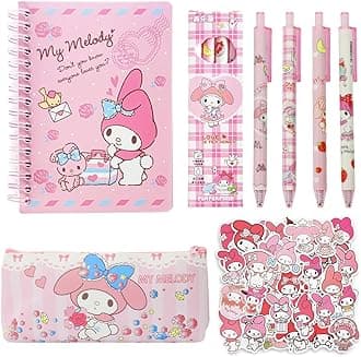 HASTHIP® Me-lody School Supplies Set, Cute Stationery Supplies Set with Notebook, Pencil Pouch, Click Pens, Assorted Me-lody Cartooon Stickers, Girls School Gift Set Birthday Return Gifts, for Kid